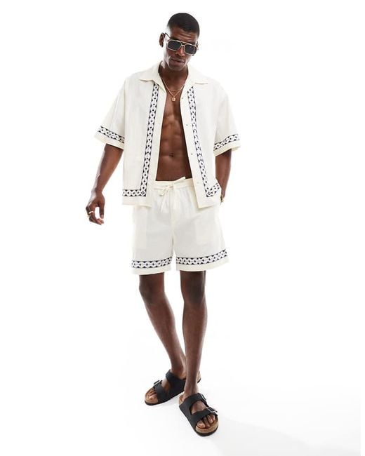 Pantalones Cortos Color Crema Con Detalle Estampado De Lino De (Parte De Un Conjunto)-Blanco Jack & Jones de hombre de color White