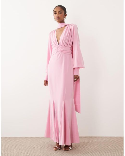 Pretty Lavish Pink Scarf Detail V-neck Deep Cuffs Satin Maxi Dress