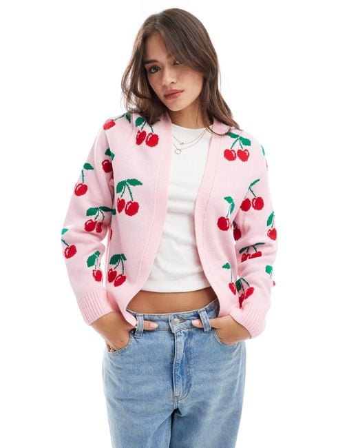 Miss Selfridge Red Cherry Print Knitted Cardigan