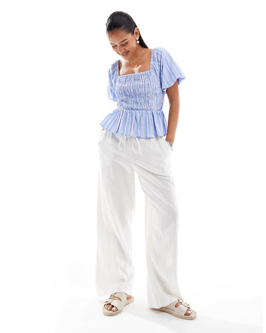New Look Blue Stripe Shirred Square Neck Top