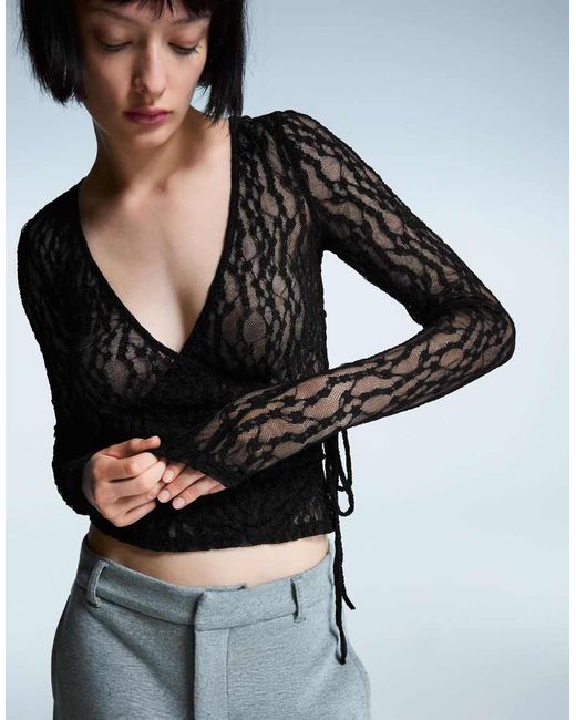 Bershka Black V-Neck Lace Blouse With Side Tie Detail