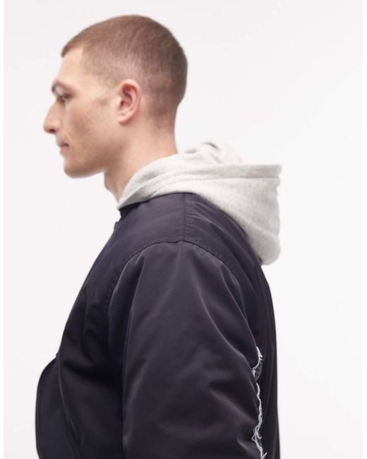 Weekday Black Bomber Jacket With Jersey Hood And Contrast Camo Graphic Sleeves for men