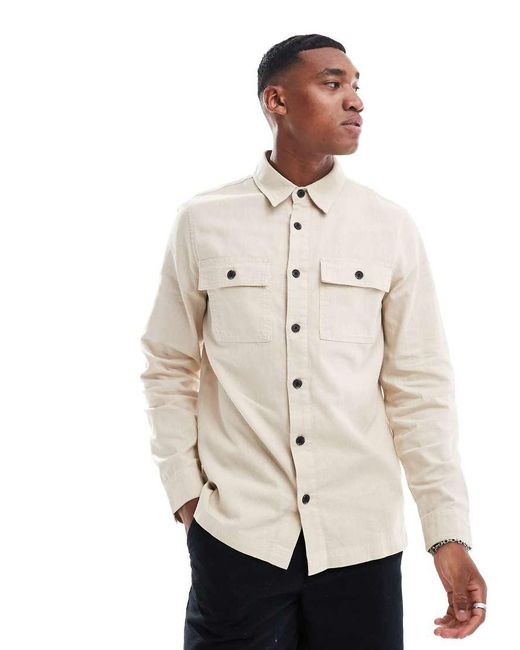 Threadbare White Long Sleeve Linen Slub Shirt With Utlity Pockets for men