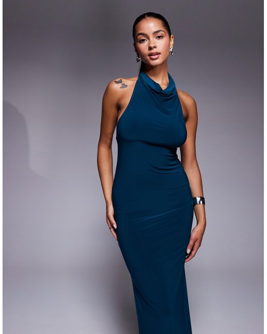 ASOS Blue Halter Draped Maxi Dress With Open Back