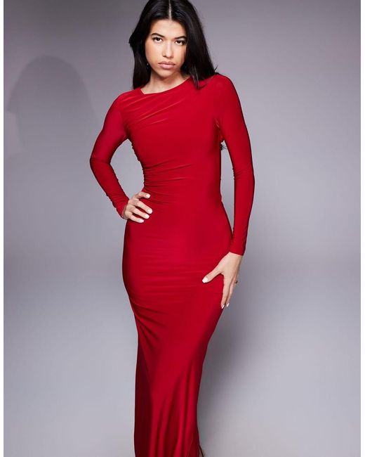 Kaiia Exclusive Double Layered Slinky Cut Out Back Detail Long Sleeve Maxi Dress