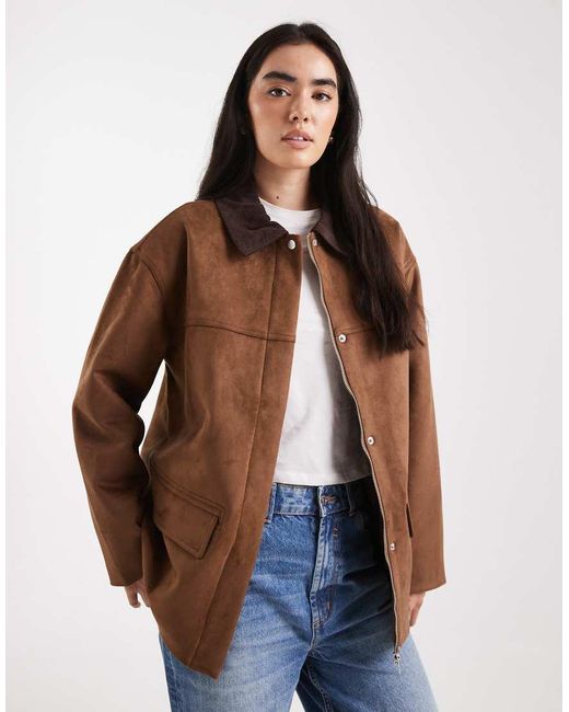 4th & Reckless Brown Faux Suede Contrast Collar Barn Jacket