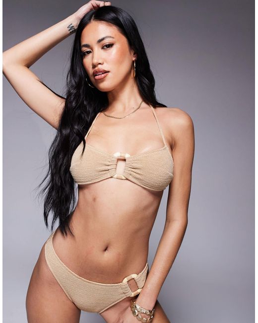 ASOS Gray Eloise Textured Halter Scoop Bikini Top With Raffia Trim