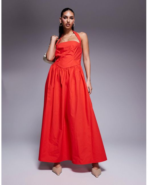 Kaiia Red Exclusive Cotton Rich Poplin Square Neck Halter Maxi Dress