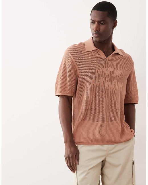 ASOS Brown Relaxed Knitted Mesh Notch Neck Polo With Chest Graphic for men