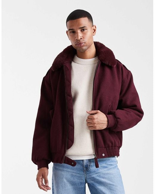 ASOS Red Wool Look Bomber Jacket With Faux Fur Collar for men