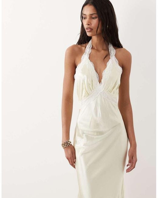 SNDY'S Natural Satin Contrast Lace Halterneck Maxi Dress