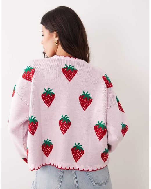 Miss Selfridge Red Edge To Edge Cardigan With All Over Strawberry Embroidery