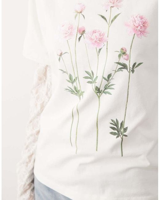 Miss Selfridge White Oversized T-shirt With Lace Sleeve And Flower Print