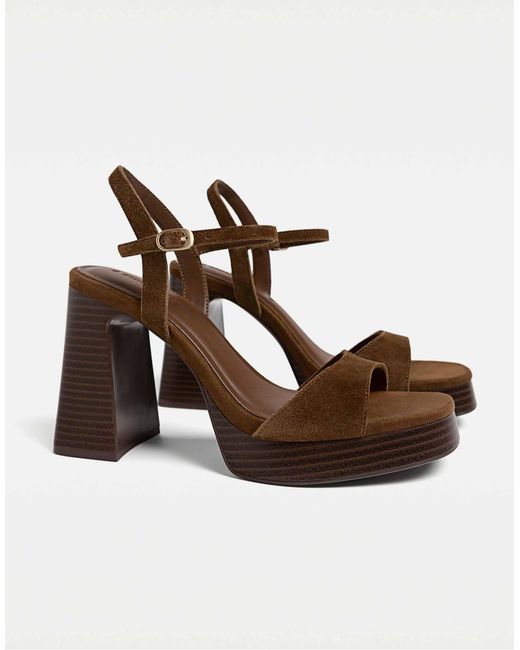 Stradivarius Brown – plateau-sandalen aus spaltleder
