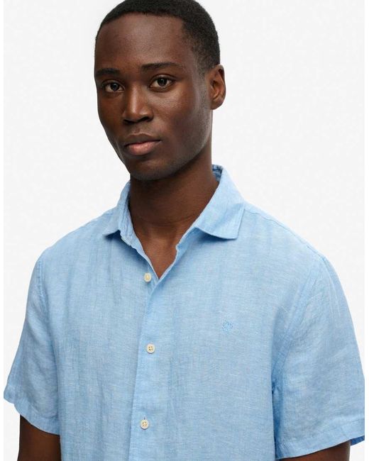 Superdry Blue Riviera Short Sleeve Linen Shirt for men