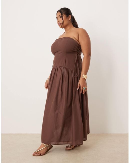 ASOS Brown Asos Design Curve Dropped Waist Bandeau Maxi Dress With Lace Up Side Detail