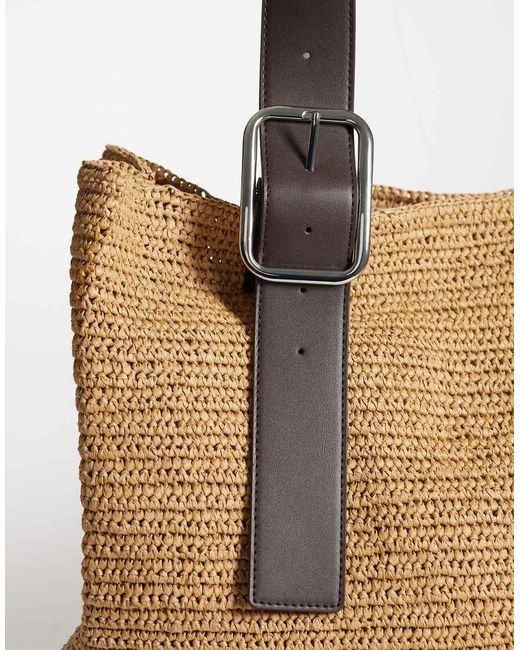 Mango Natural Buckle Detail Woven Tote Bag