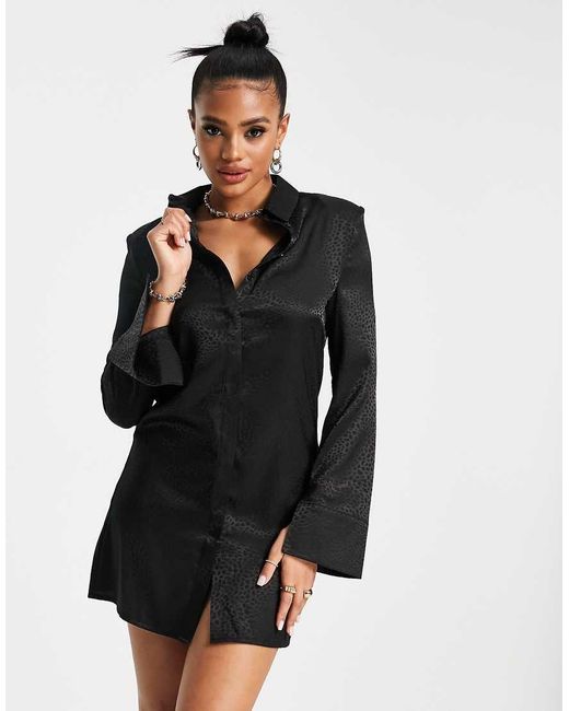 ASOS Black Fluted Sleeve Jacquard Button-through Mini Shirt Dress