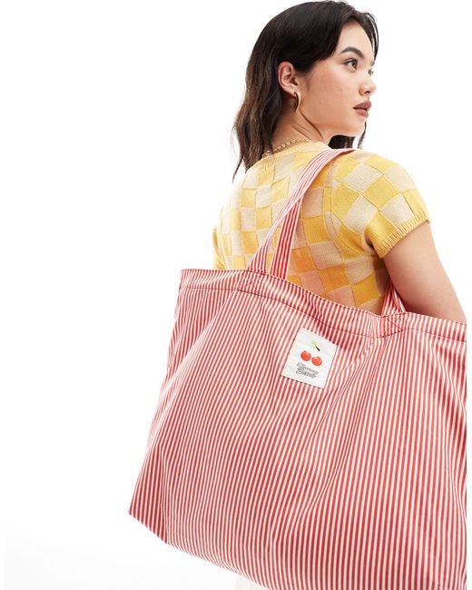 Mango Pink Thin Stripe Cherry Detail Tote Bag
