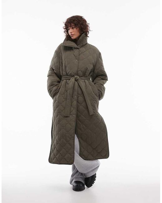 ARKET Green Down Quilted Oversized Midaxi Coat With High Neck And Split Sides