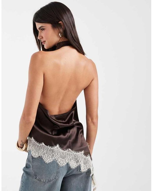 Noisy May Brown Halterneck Satin Top With Lace Details
