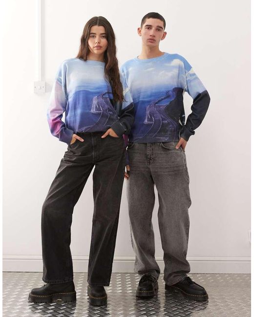 Collusion Blue Unisex Oversized Washed Knitted Jumper With Scenic Graphic Print