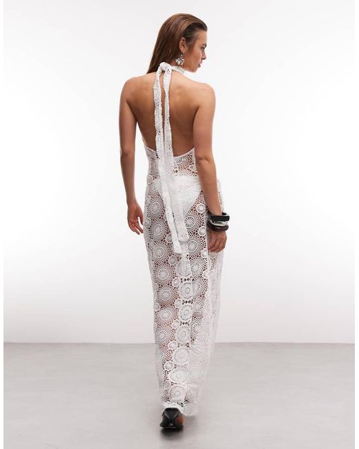 Noughts & Kisses White Sheer Crochet Halterneck Sleeveless Maxi Dress