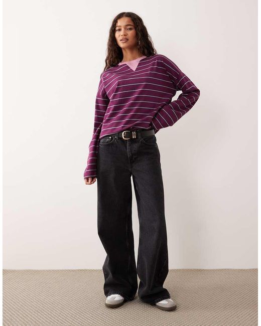 ASOS Purple Long Sleeve Stripe Top With Contrast Notch Crew Neck Detail