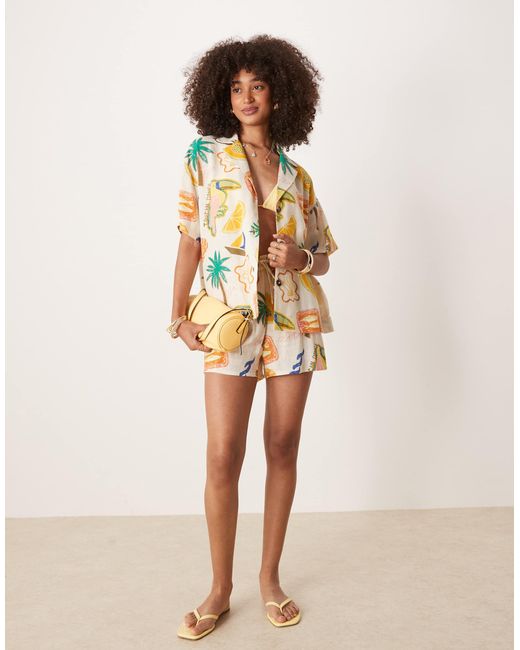 ASOS Multicolor – kurzärmliges hemd aus leinenmix mit tropischem print, kombiteil
