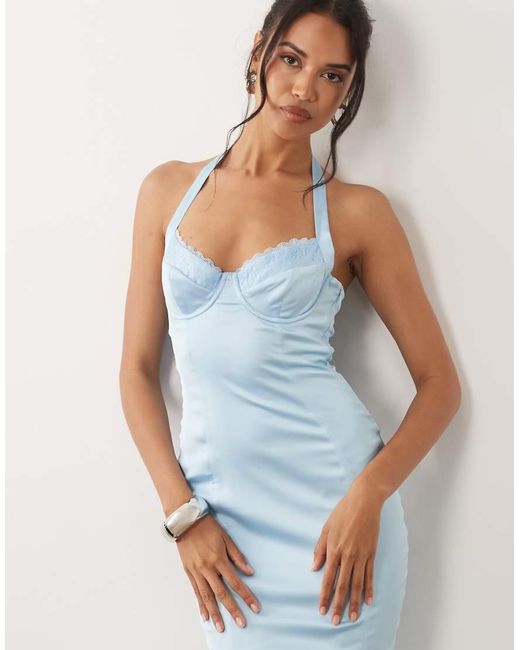 Oh Polly Blue Satin Lace Trim Halter Neck Fishtail Maxi Dress