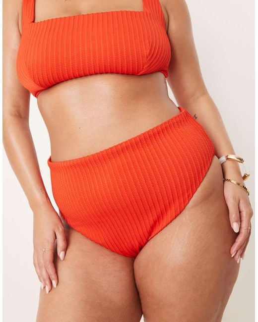 ASOS Red Asos Design Curve Riddy Rib High Leg High Waist Bikini Bottom