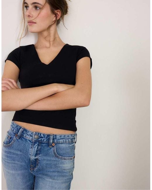 Stradivarius Blue V-Neck Short Sleeve T-Shirt
