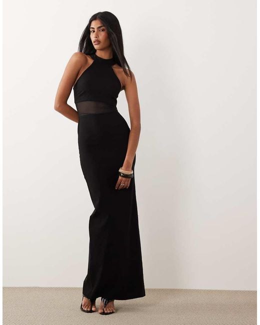 Vesper Black Bengaline High Neck Mesh Insert Maxi Dress