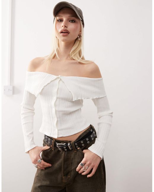 Collusion Bardot Top With Button Detailing in Natural | Lyst