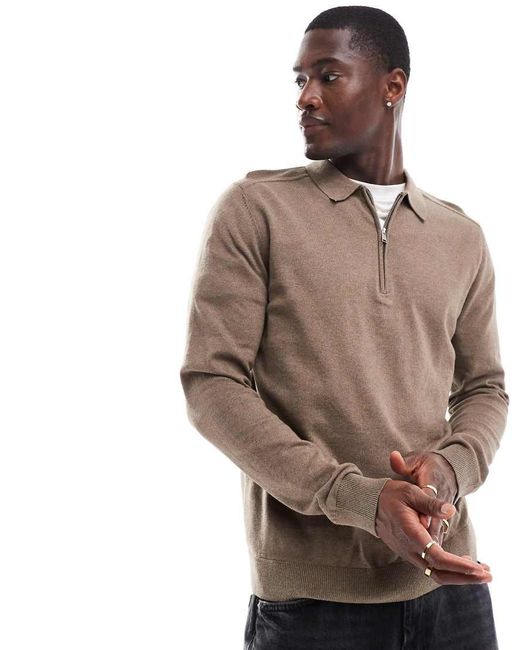 SELECTED Brown Half Zip Long Sleeve Polo Shirt for men