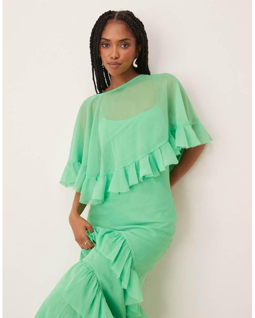 ASOS Cape Overlay Ruffle Bias Maxi Dress in Green | Lyst UK