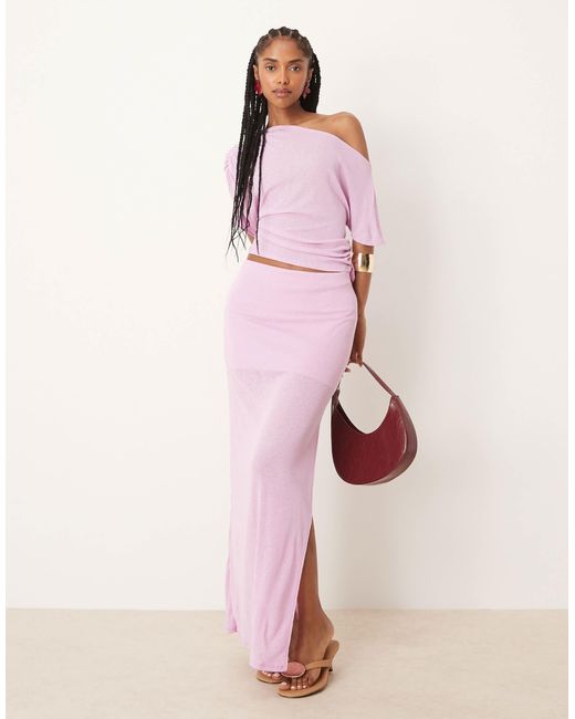 ASOS Pink Mix & Match Mesh Semi Sheer Ruched Off Shoulder Top