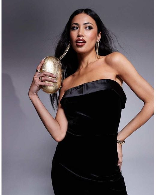 In The Style Black Velvet Bandeau Midi Dress With Contrast Satin Foldover Detail
