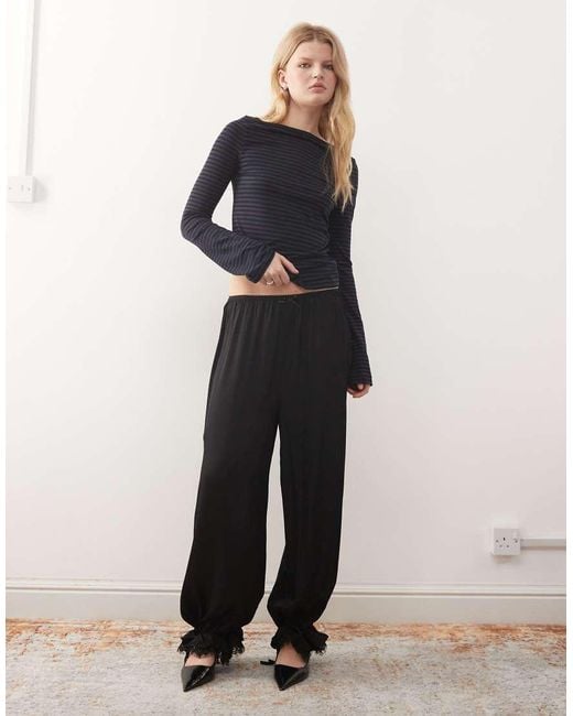 Reclaimed (vintage) Black Bubble Hem Satin Trouser With Lace Trim