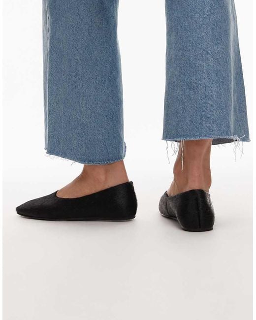 Mango Blue Hair On Real Leather Square Toe Flat Shoe