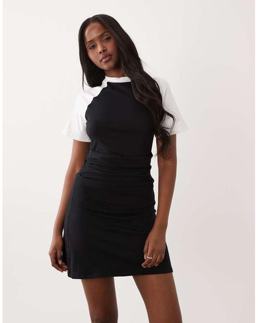 ASOS Natural Cinched Waist Mini Dress With Mono Colour Block Sleeves