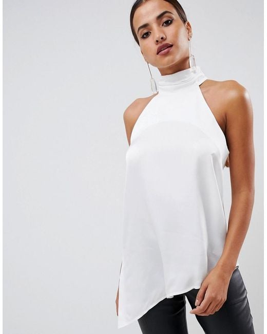 ASOS High Neck Halter Satin Top in White | Lyst Canada