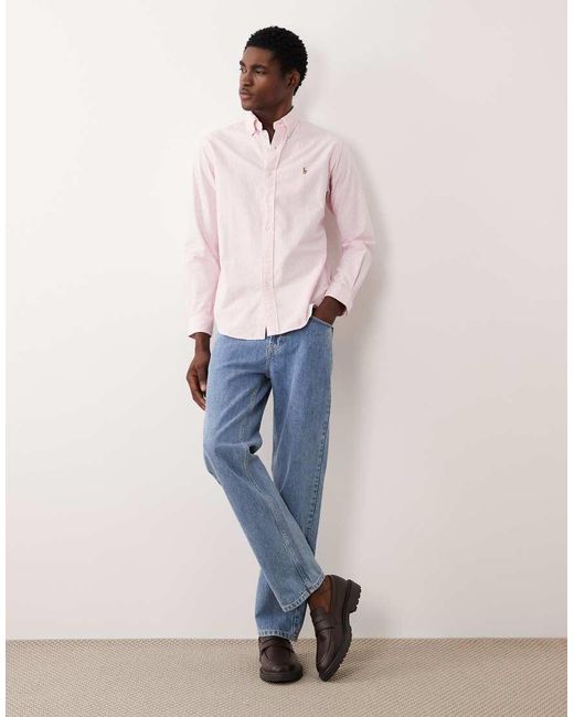 Polo Ralph Lauren Pink Icon Logo Custom Fit Long Sleeve Striped Shirt for men