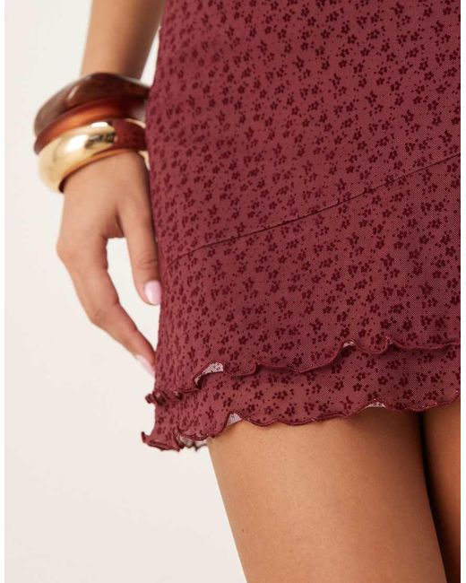 ASOS Red Lettuce Hem Floral Flock Mesh Mini Skirt