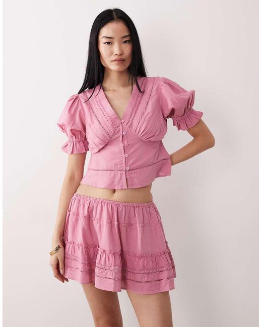 Wednesday's Girl Pink Co-ord Broderie Tiered Mini Skirt