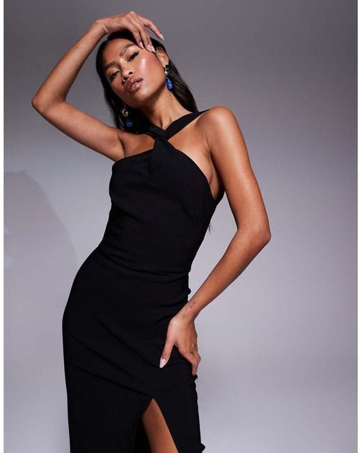 Vesper Blue Bengaline Twist Front Halter Neck Side Split Midaxi Dress