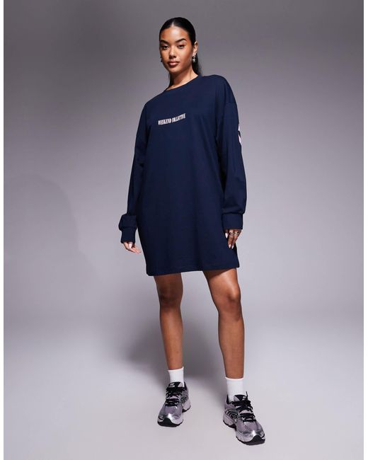 ASOS Blue Weekend Collective Icon Oversized Long Sleeve T-shirt Dress With Stacked Back Logo