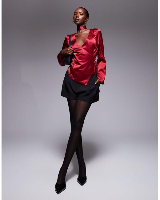 ASOS Red Satin Scarf Detail Wrap Blouse