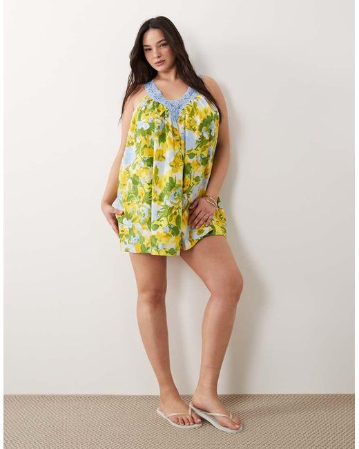 ASOS Green Asos Design Curve V Neck Smock Poplin Mini Sundress With Lace Overlay