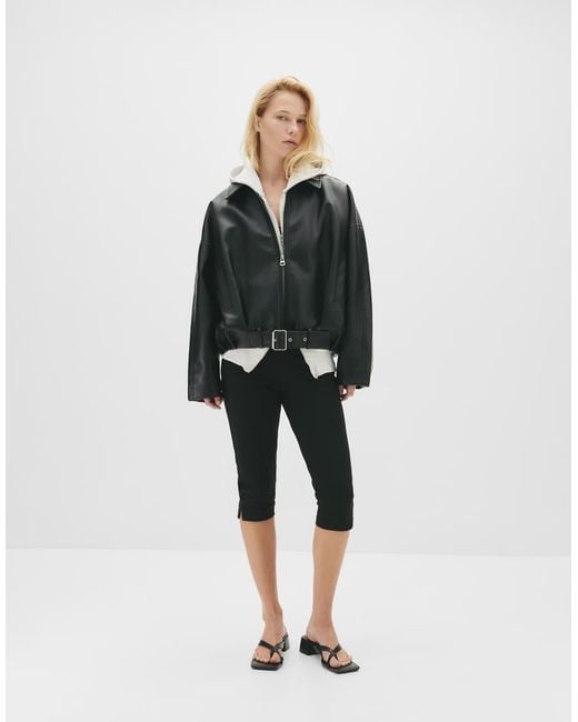 Pull&Bear Black Leather Effect Balloon Bomber Jacket